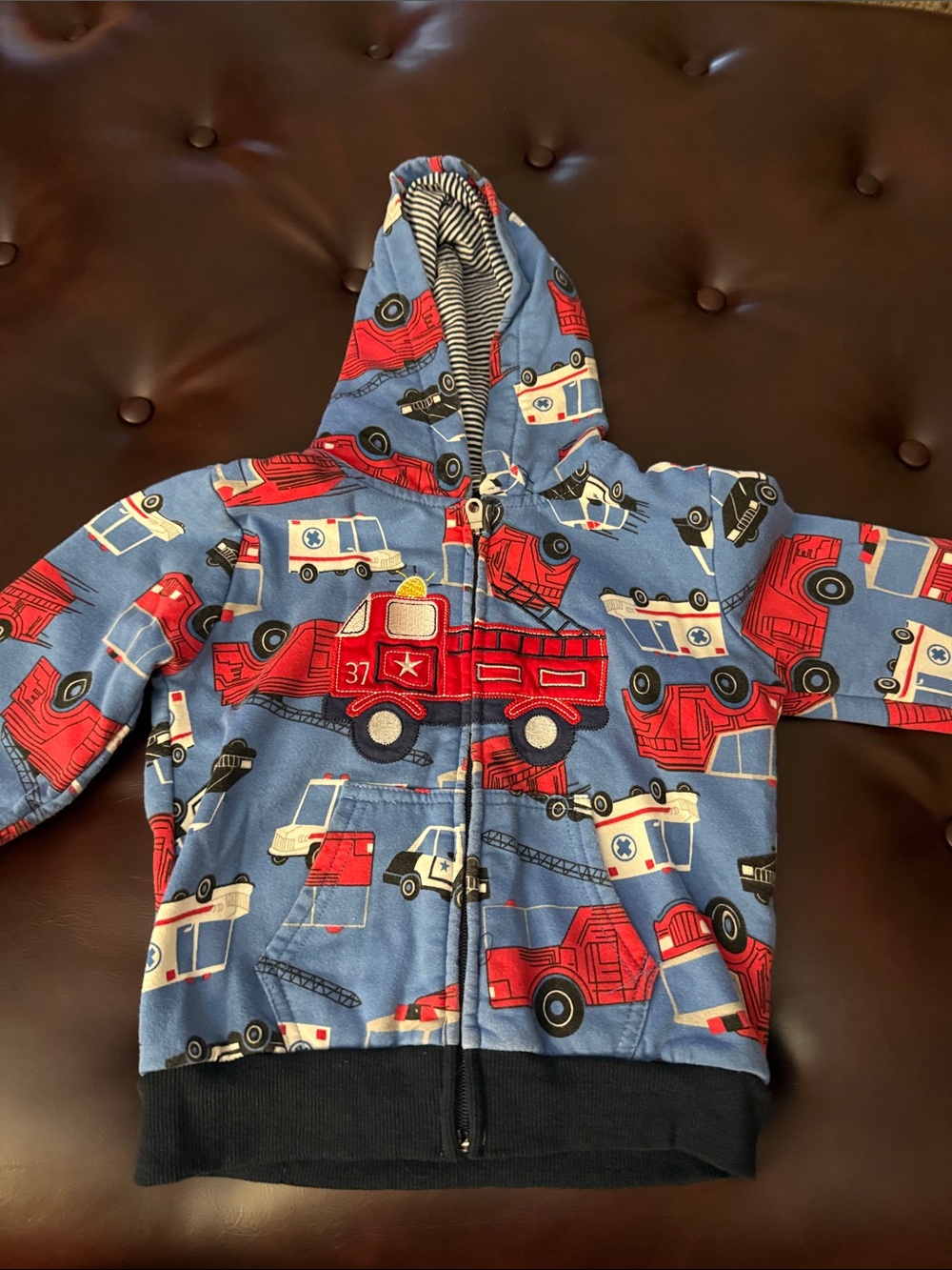 Blue Hoodie with Red Firetruck & White Ambulance Print